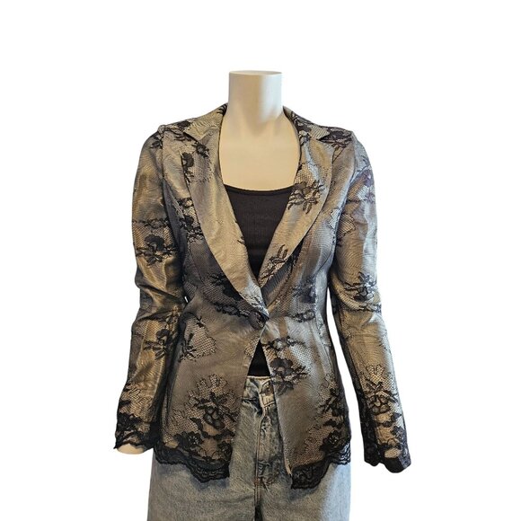 Vintage Orna Farho Black Lace Overlay Single Button Blazer Jacket Women Size T38 - Picture 3 of 16